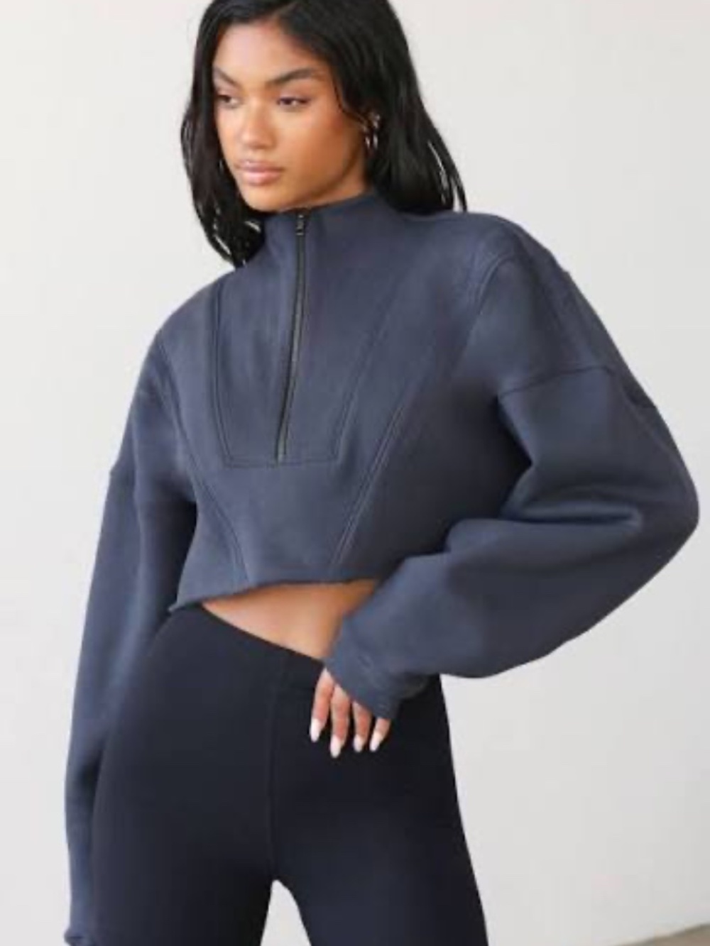 Joah Brown Cropped 3/4 Zip Sweatshirt S/M - Washed Navy